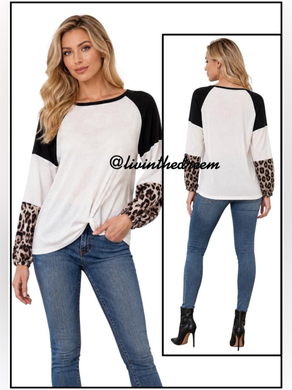 #T80B Boutique Crew Neck Thermal Top White With Leopard Print SZ M $69